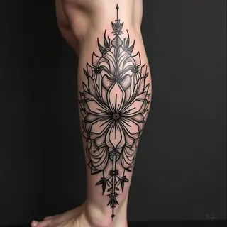 Intricate Floral and Geometric Calf Tattoo
