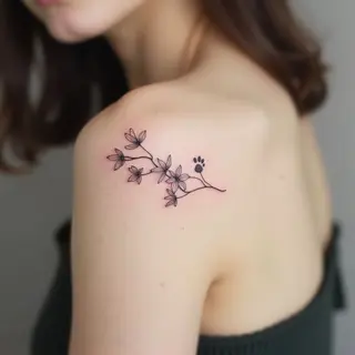 Delicate Floral and Paw Print Linework Tattoos