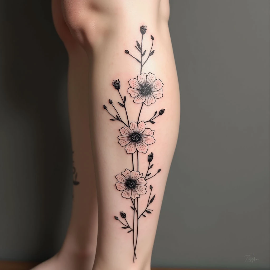 Delicate Floral Tattoo on Calf - A Study in Japanese Linework