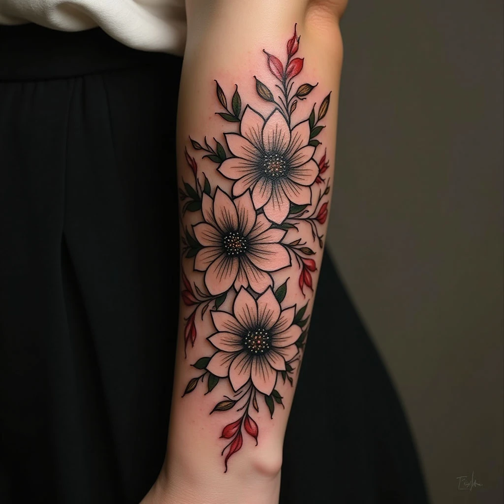 Neo-Traditional Floral Forearm Tattoo