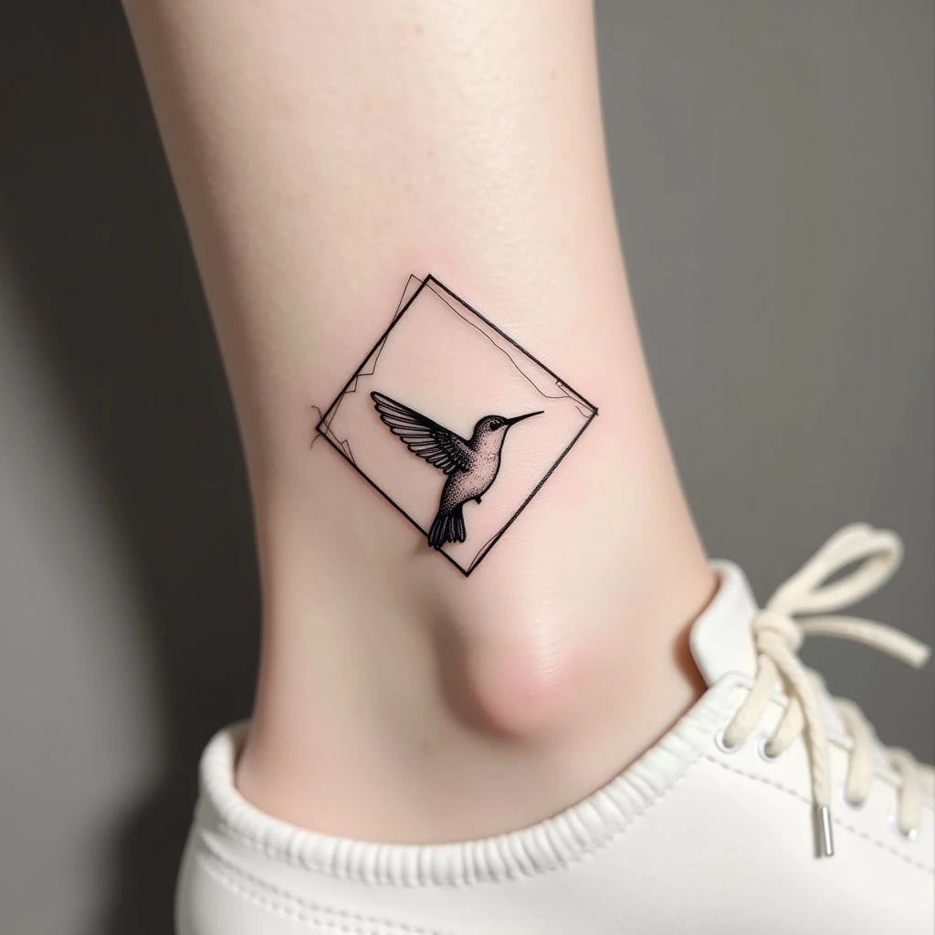 Geometric Hummingbird Ankle Tattoo