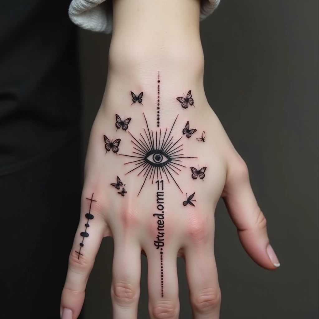Spiritual Hand Tattoo: Butterflies, Eye & Numerology