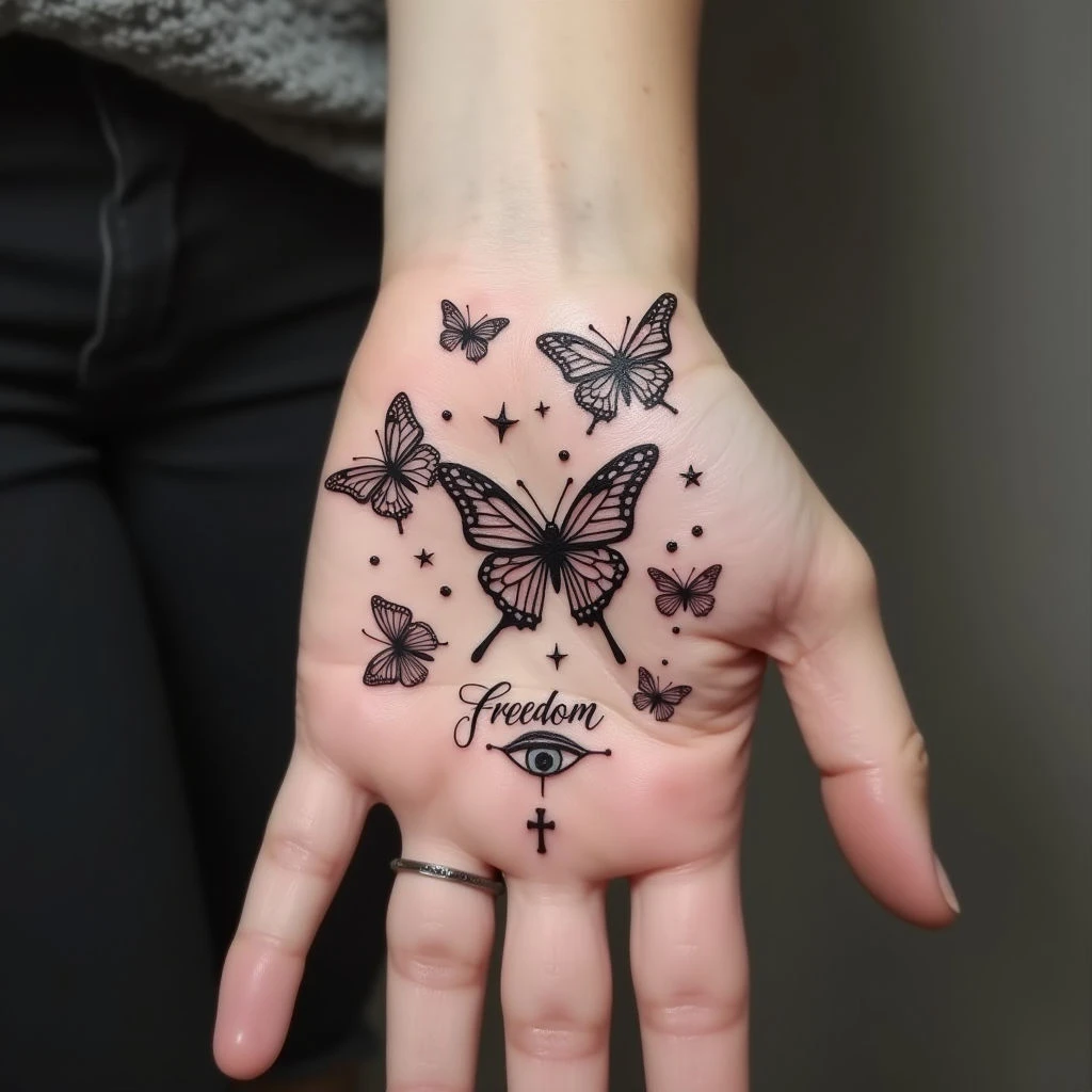 Whimsical Hand Tattoo Design: Butterflies, Symbols & Script