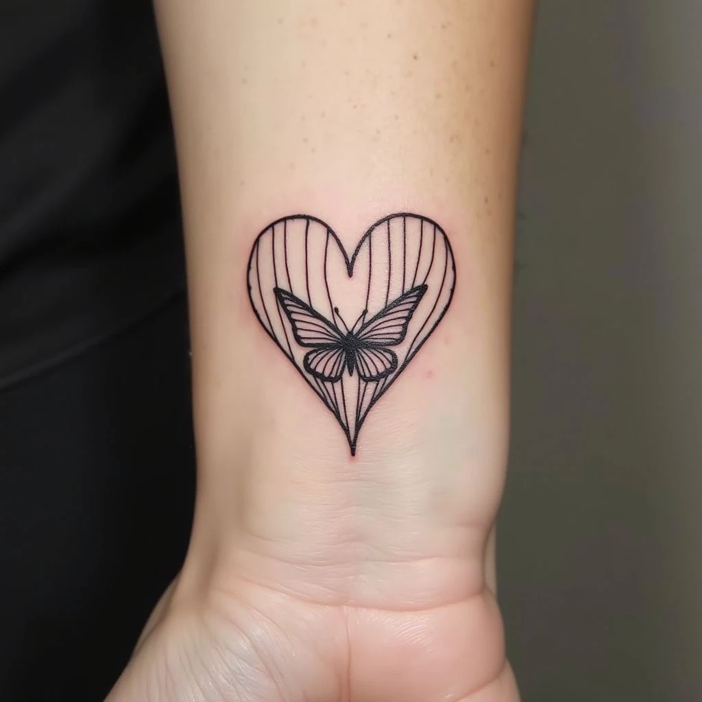 Delicate Heart and Butterfly Wrist Tattoo
