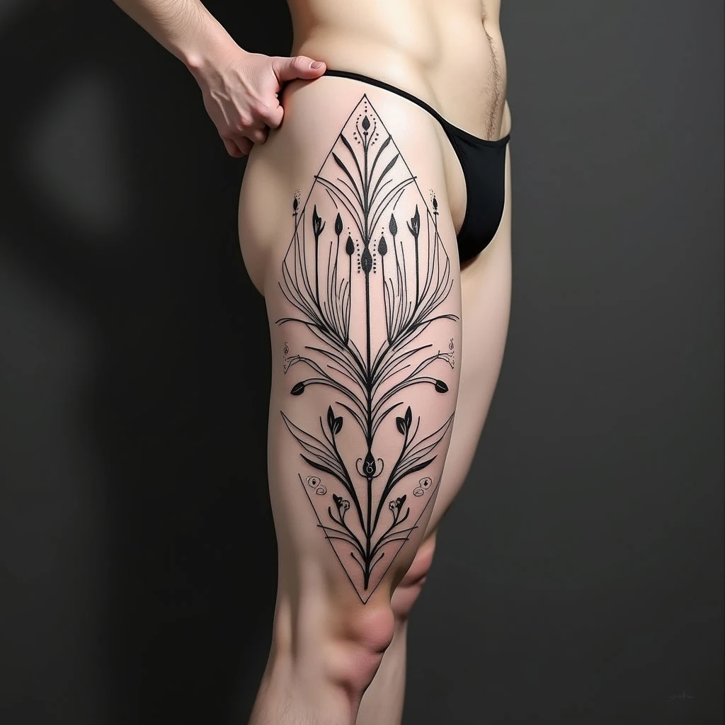 Intricate Geometric Botanical Thigh Tattoo Design