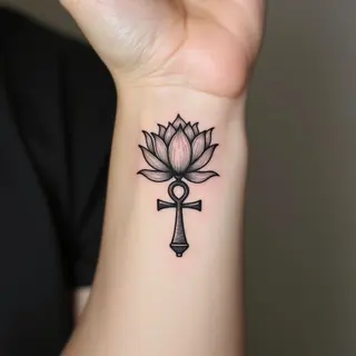 Minimalist Lotus and Ankh Wrist Tattoo Design