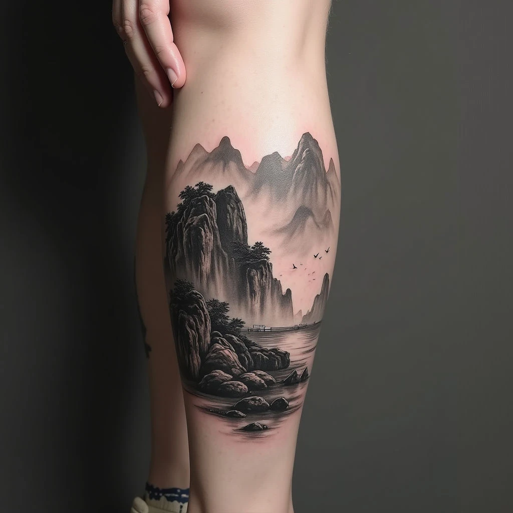 Ink Wash Landscape Tattoo on Calf
