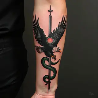 Traditional Tattoo Trio: Needle, Eagle, and Snake