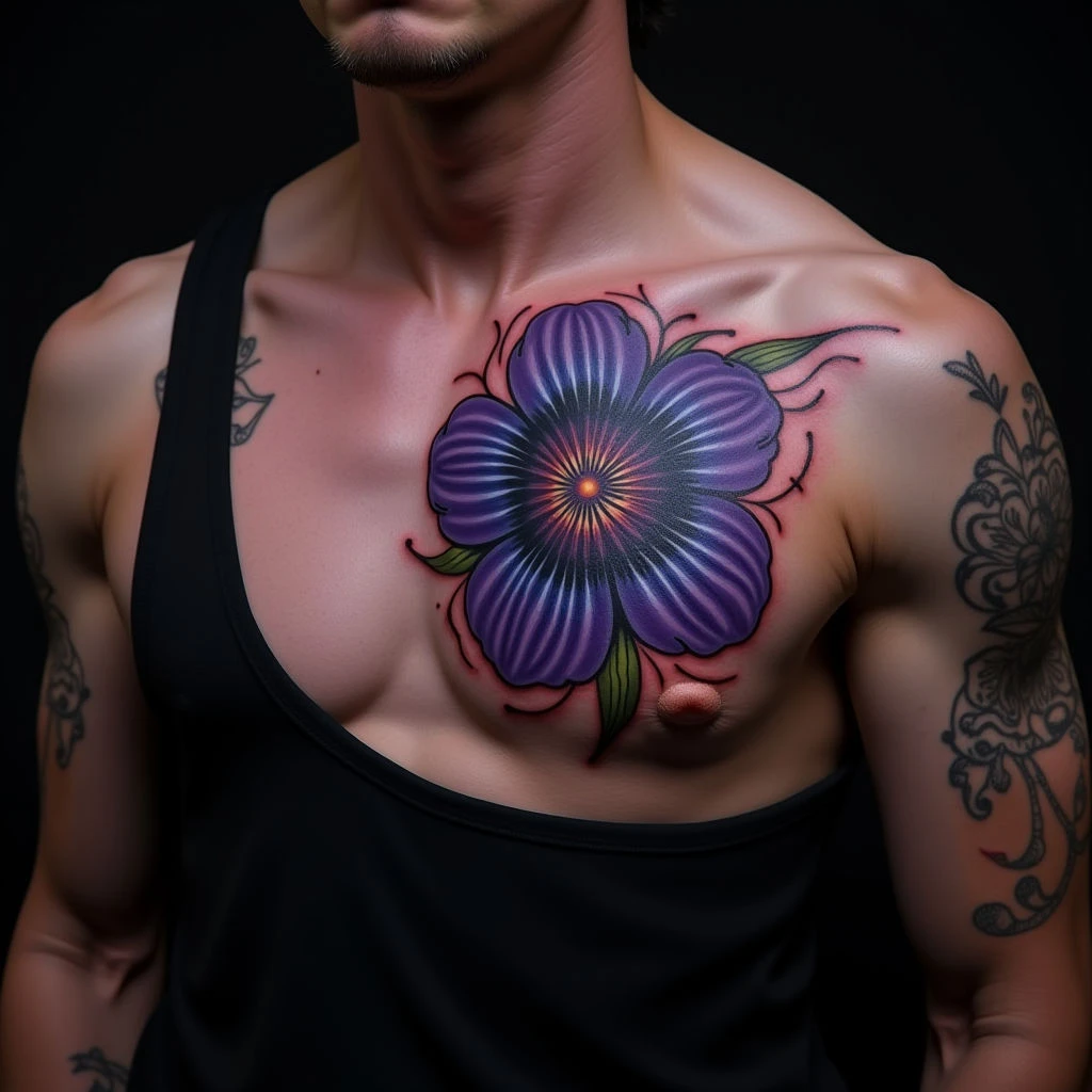 Trash Polka Chest Tattoos for Men: Blue & Purple Designs