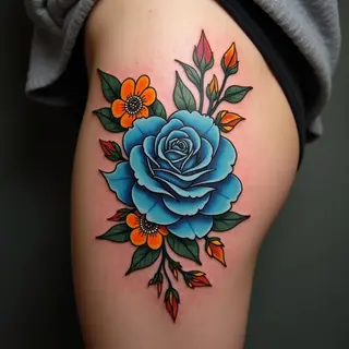 Neo-Traditional Rose and Floral Thigh Tattoo