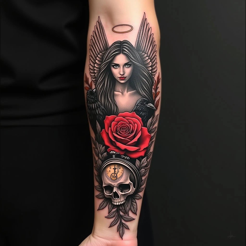 Surreal Neo-Traditional Forearm Tattoo: A Tapestry of Symbols
