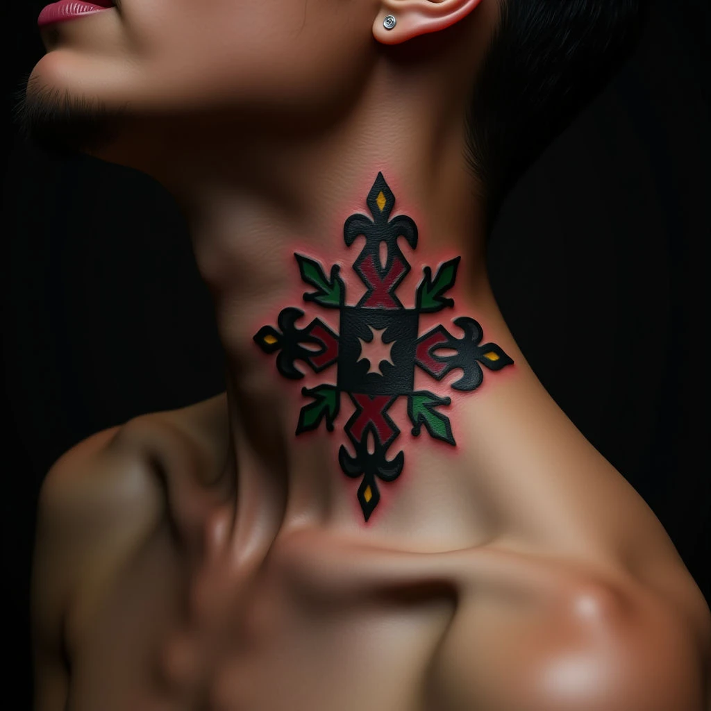 Ornamental Neck Tattoos: Meaningful Designs in Black, Red, Yellow & Green