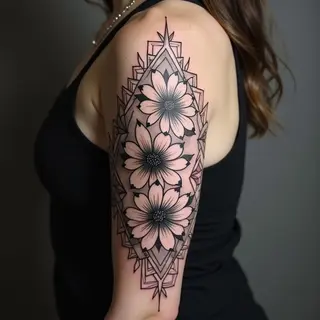 Intricate Floral and Geometric Sleeve Tattoo
