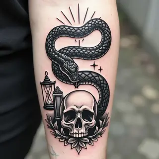 Intricate Blackwork Tattoo Sheet: Snake, Skull & Lanterns
