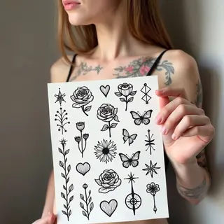Delicate Fine Line Floral Temporary Tattoo Sheet