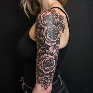 Detailed Rose Sleeve Tattoo Design