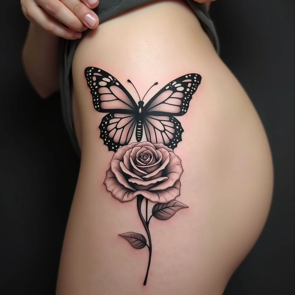 Elegant Butterfly and Rose Thigh Tattoo Design