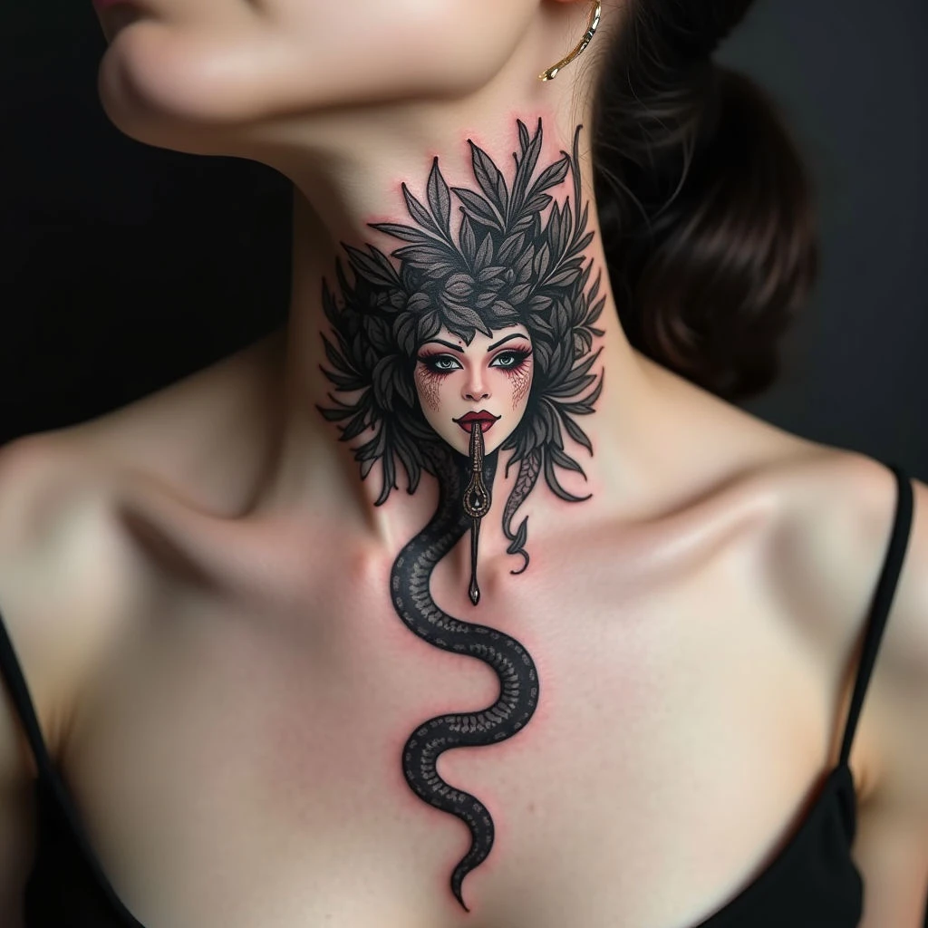 Intricate Snake Goddess Neck Tattoo