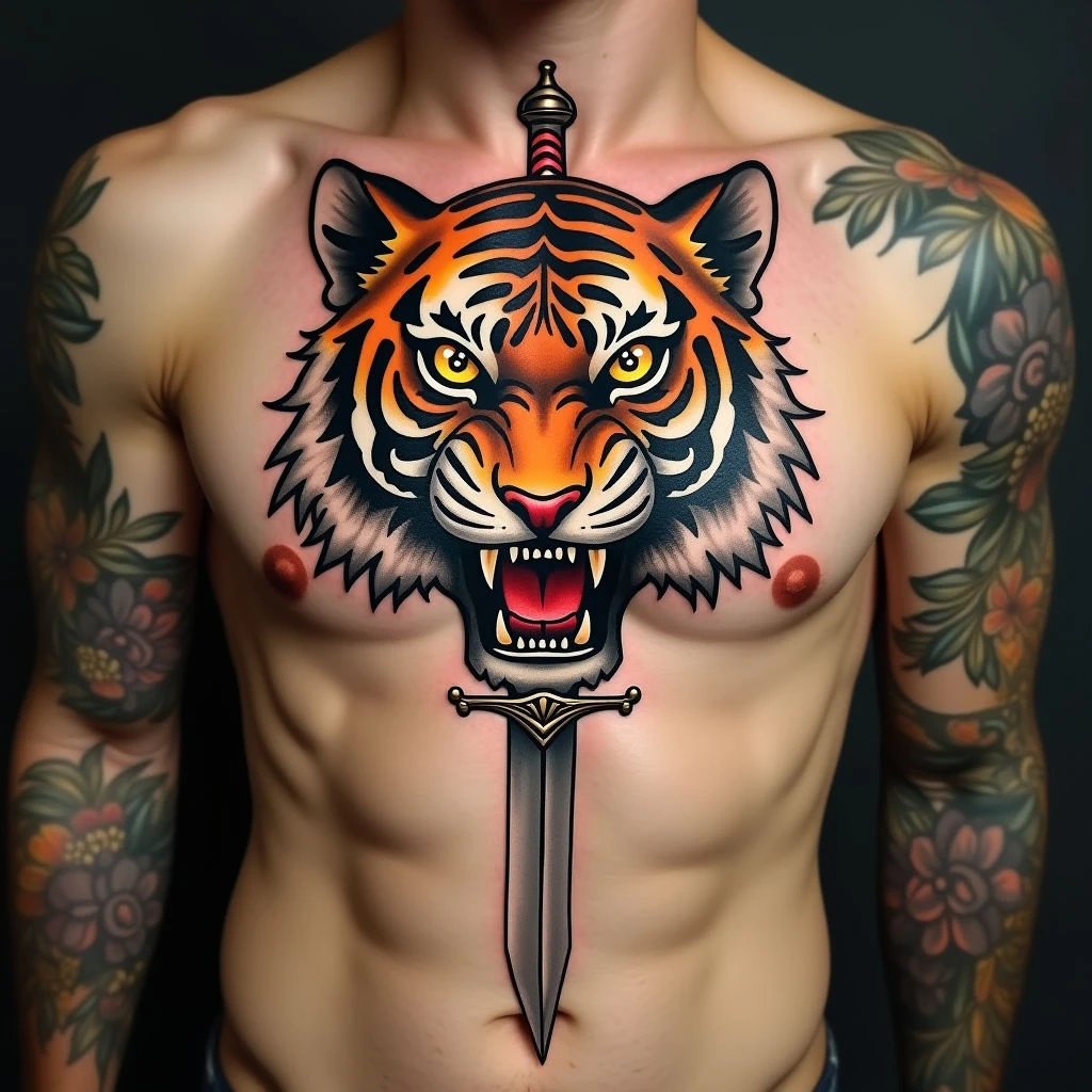 Traditional Tiger and Dagger Chest Tattoo