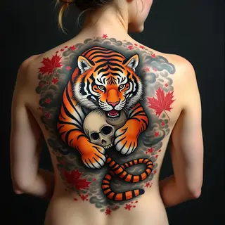 Dynamic Japanese Tiger Tattoo with Skull and Maple Leaves