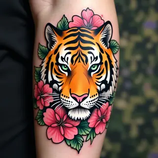 Majestic Japanese Tiger Tattoo with Floral Accents