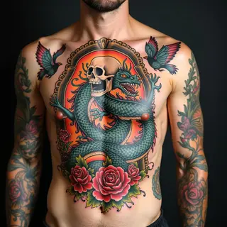 Traditional Chest Piece: Skull, Dragon & Floral Design