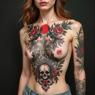 Mythological Scene Chest Tattoo in Traditional Style