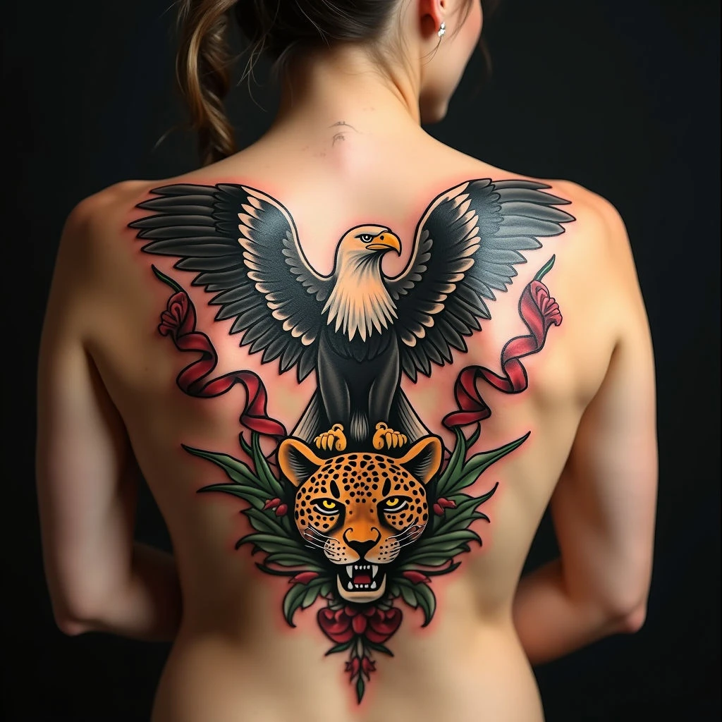 Traditional Eagle and Leopard Back Tattoo Design