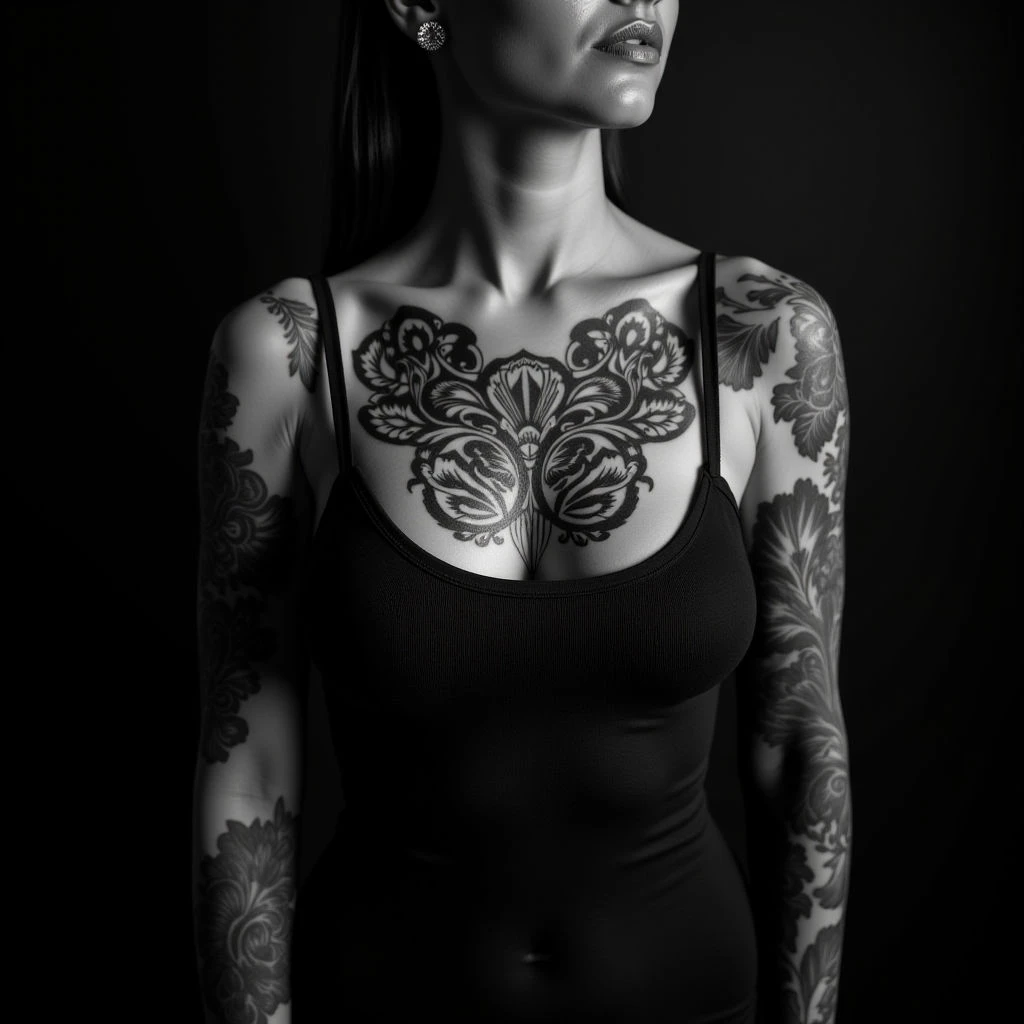 Powerful Traditional Chest Tattoos in Grayscale
