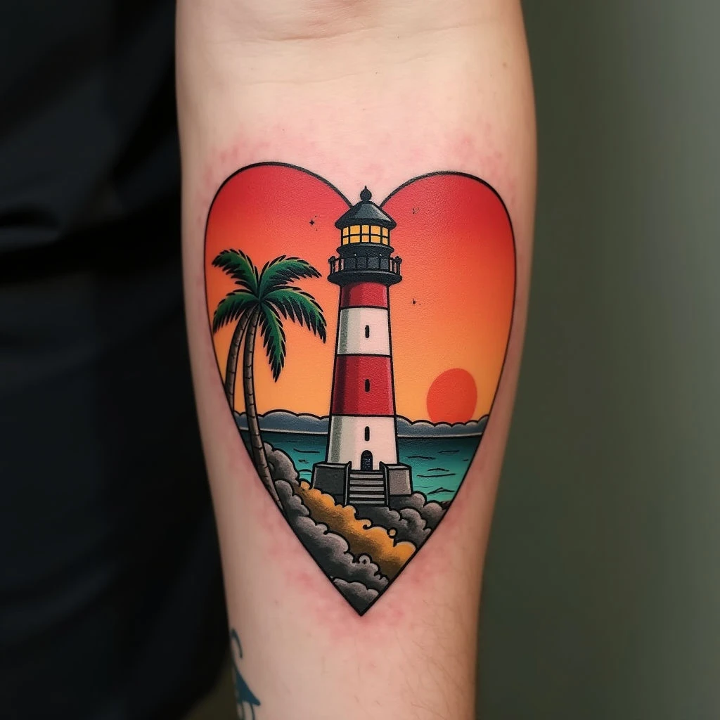 Traditional Heart and Lighthouse Tattoo Design