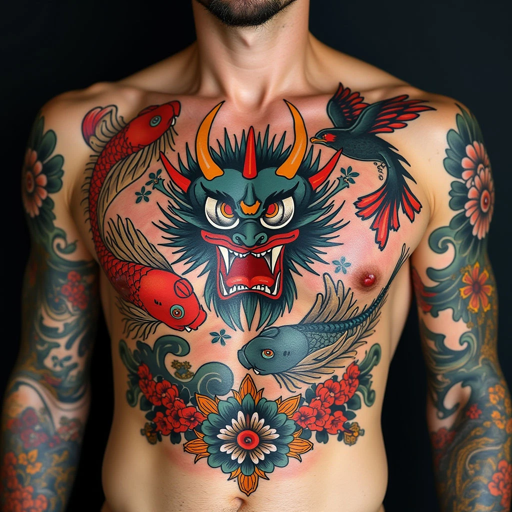 Dynamic Traditional Japanese Chest Tattoo Design