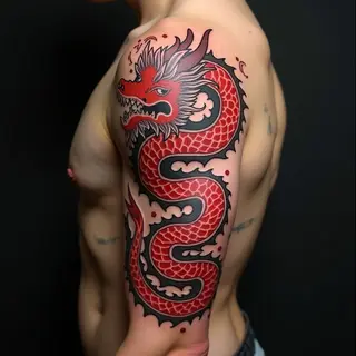 Powerful Red Dragon Tattoo on Upper Arm