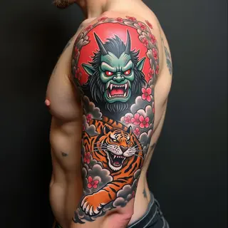 Full Sleeve Japanese Tattoo: Tiger, Oni, and Cherry Blossoms