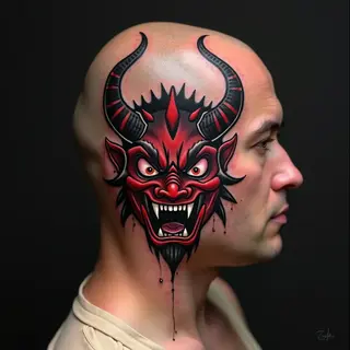 The Fierce Guardian: An Oni Tattoo on the Scalp