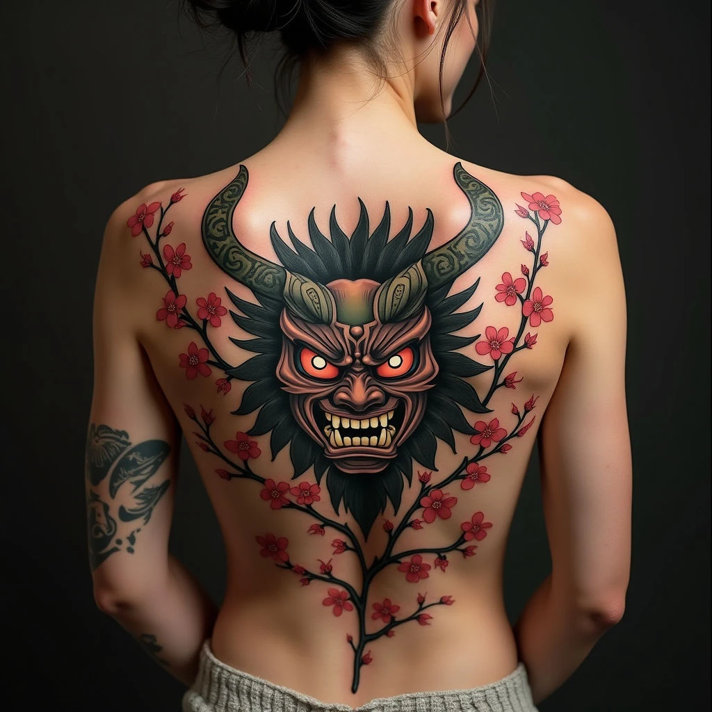Intricate Oni Mask and Cherry Blossom Back Piece