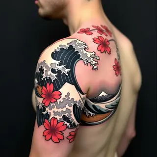 Dynamic Japanese Wave and Cherry Blossom Tattoo