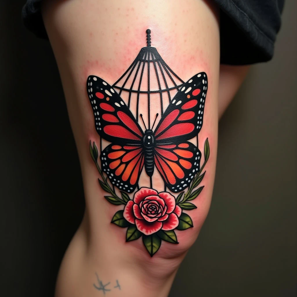 Traditional Knee Tattoo: Butterfly and Floral Design