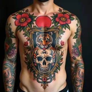 Traditional Chest Tattoo: Tiger, Skull, and Floral Design