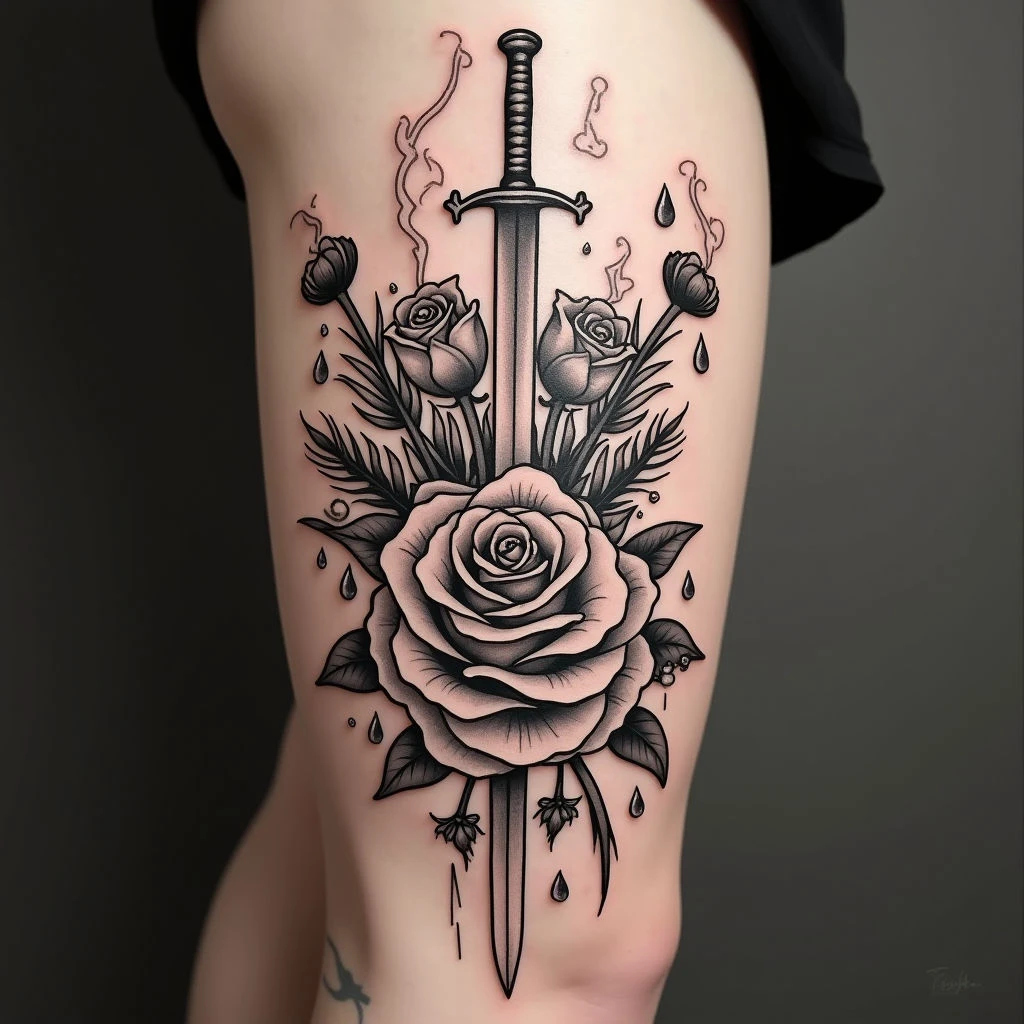 Traditional Floral and Pipe Tattoo Design