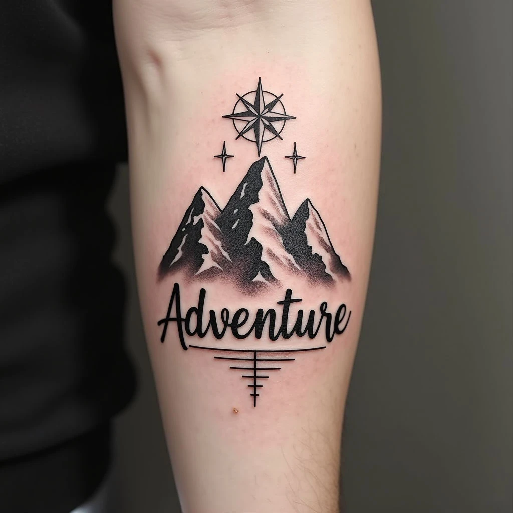 Adventure Awaits: Mountain and Compass Tattoo