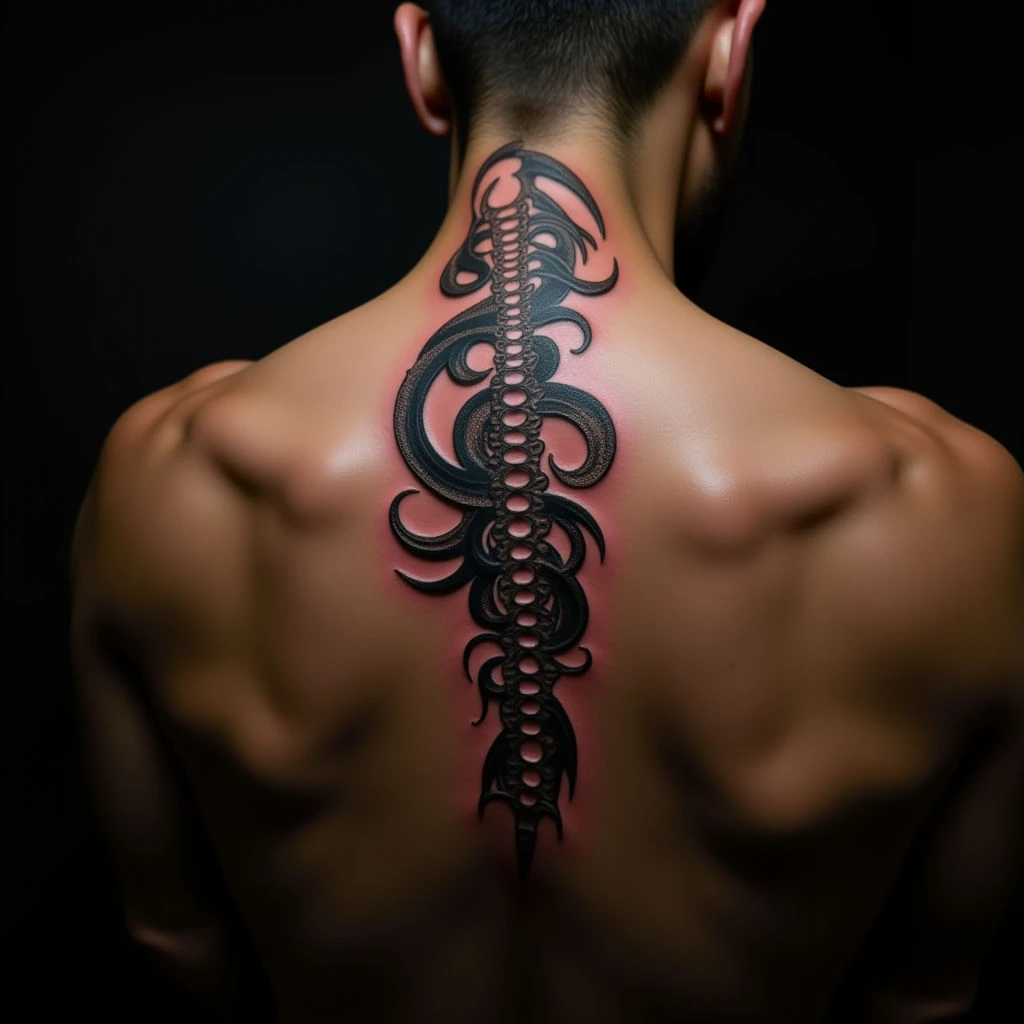 Tribal Hand Tattoo for Men: Illustrative Spine Design