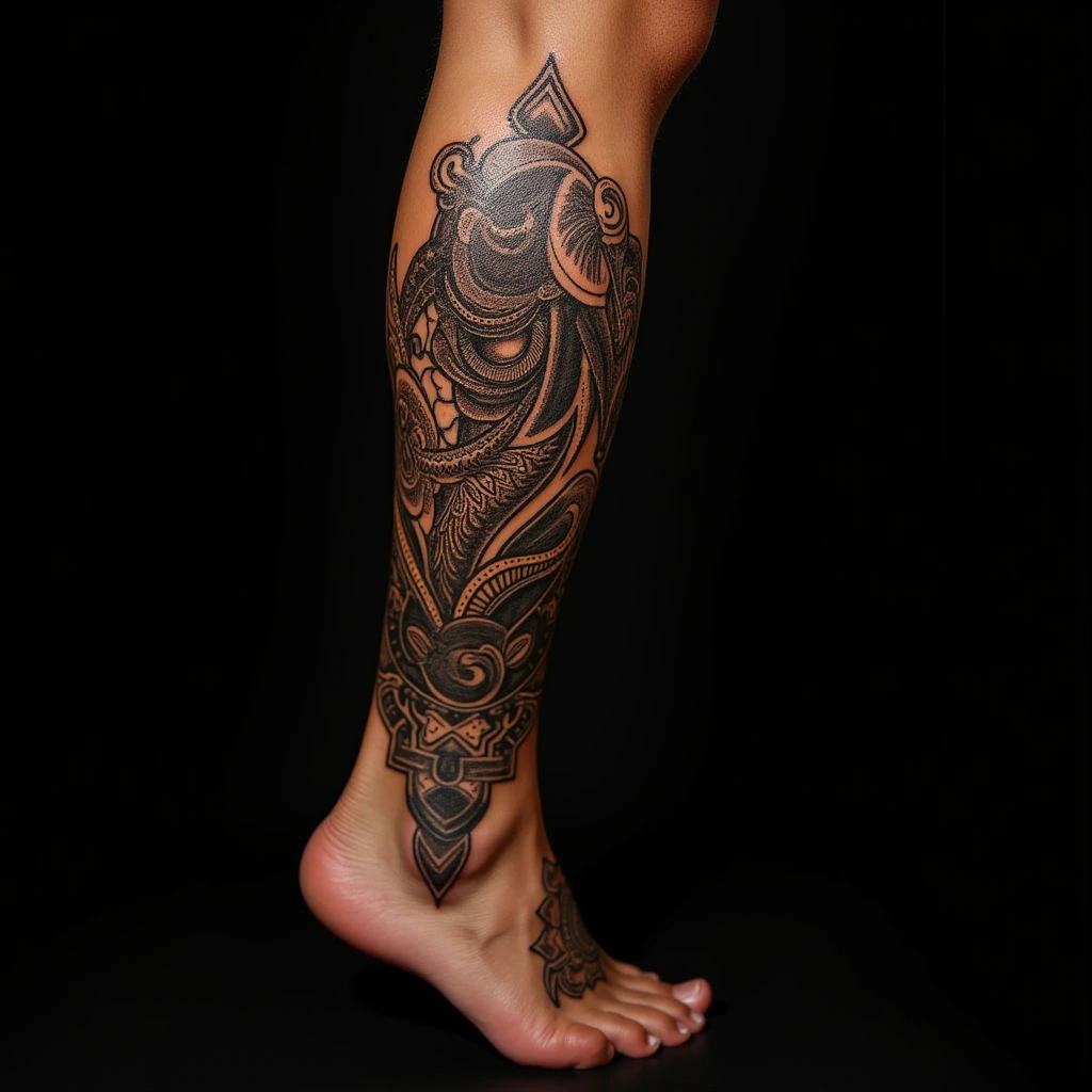 Bold Maori Leg Tattoos for Men: Japanese Style & Gold Accents