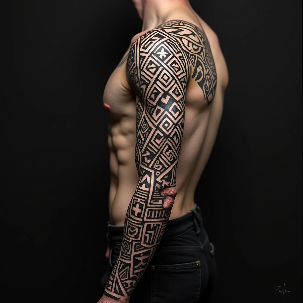 Intricate Tribal Arm Sleeve Tattoo Design