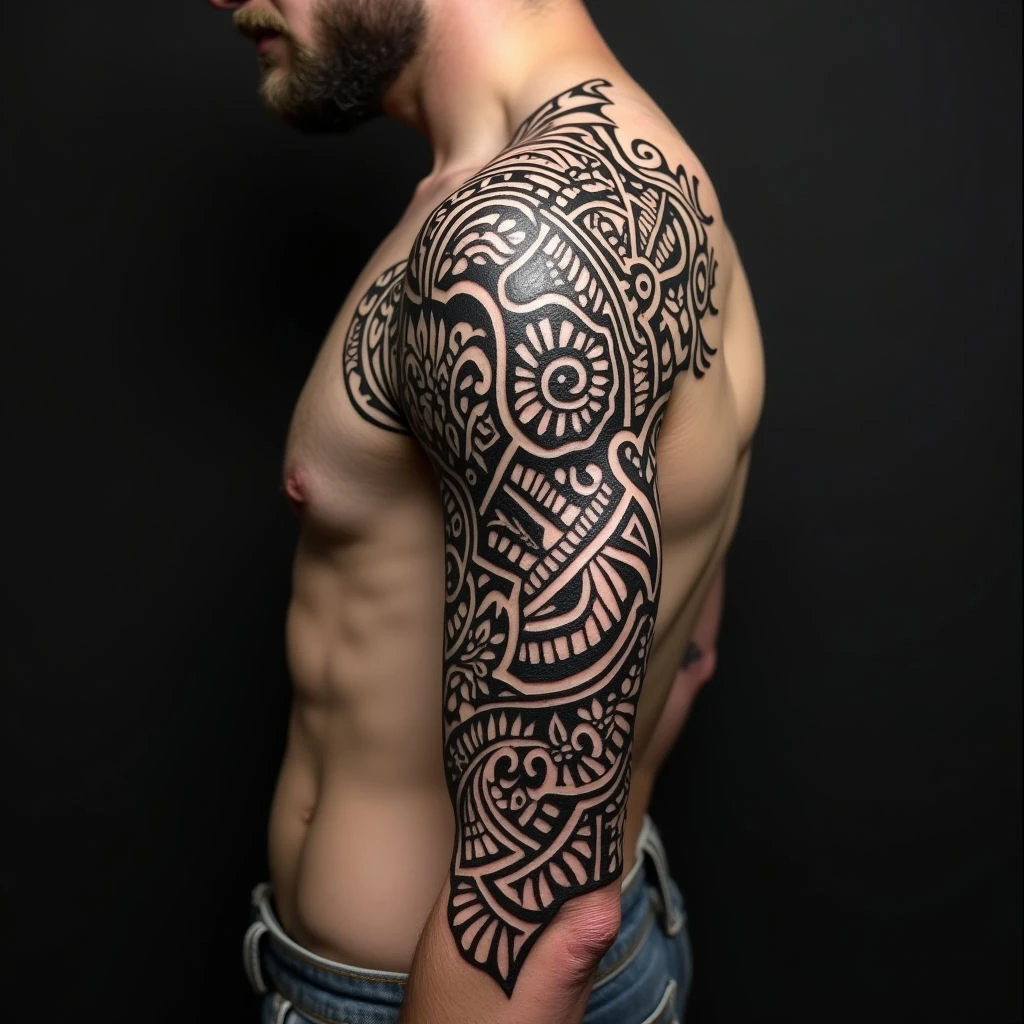 Intricate Tribal Arm Sleeve Tattoo Design