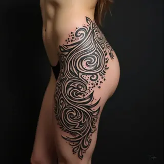 Dynamic Polynesian Thigh Tattoo Design