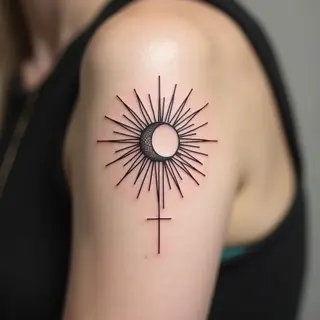 Delicate Fine Line Sun and Moon Tattoo on Triceps