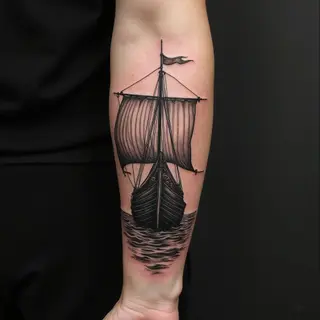 Detailed Viking Ship Tattoo on Forearm