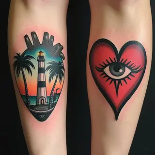 Vintage Heart and Lighthouse Flash Tattoo